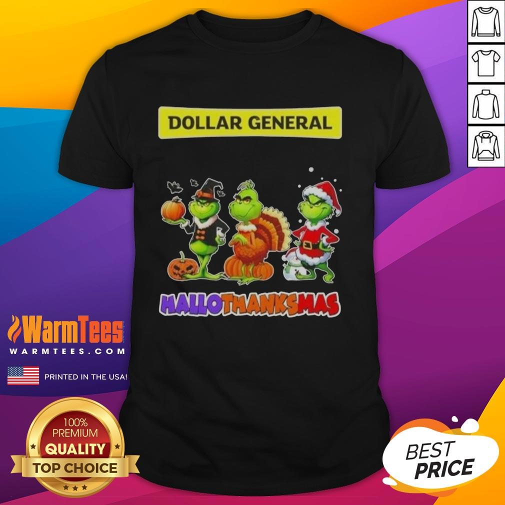 Good Dollar General X Grinch cosplay t-shirt for Hallothanksmas, featuring festive graphics and vibrant colors.