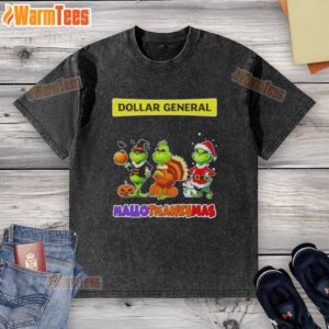 Happy HalloThanksMas washed t-shirt featuring Good Dollar General X Grinch cosplay design for festive holiday fun.