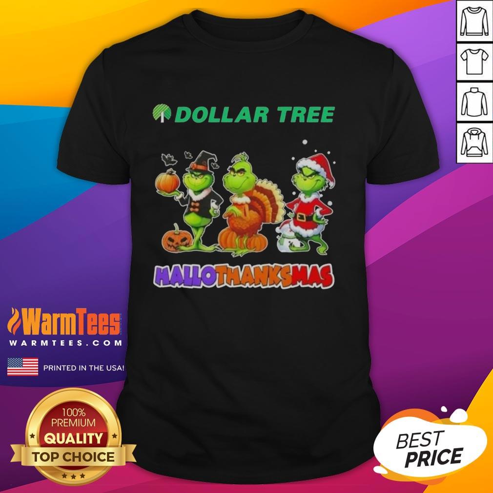 Good Dollar Tree X Grinch Cosplay Happy Hallothanksmas T-Shirt featuring vibrant graphics and festive design for holiday celebrations.