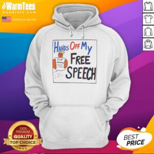Alt Text: Good Hands Off My Free Speech Trump Cartoon Hoodie featuring a bold graphic of Trump and a free speech message.