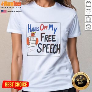 Good Hands Off My Free Speech Trump cartoon on a ladies tee, showcasing a bold political statement in vibrant colors.