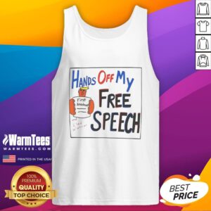 Trump cartoon tank top featuring 'Good Hands Off My Free Speech' slogan, perfect for political statement and free speech supporters.