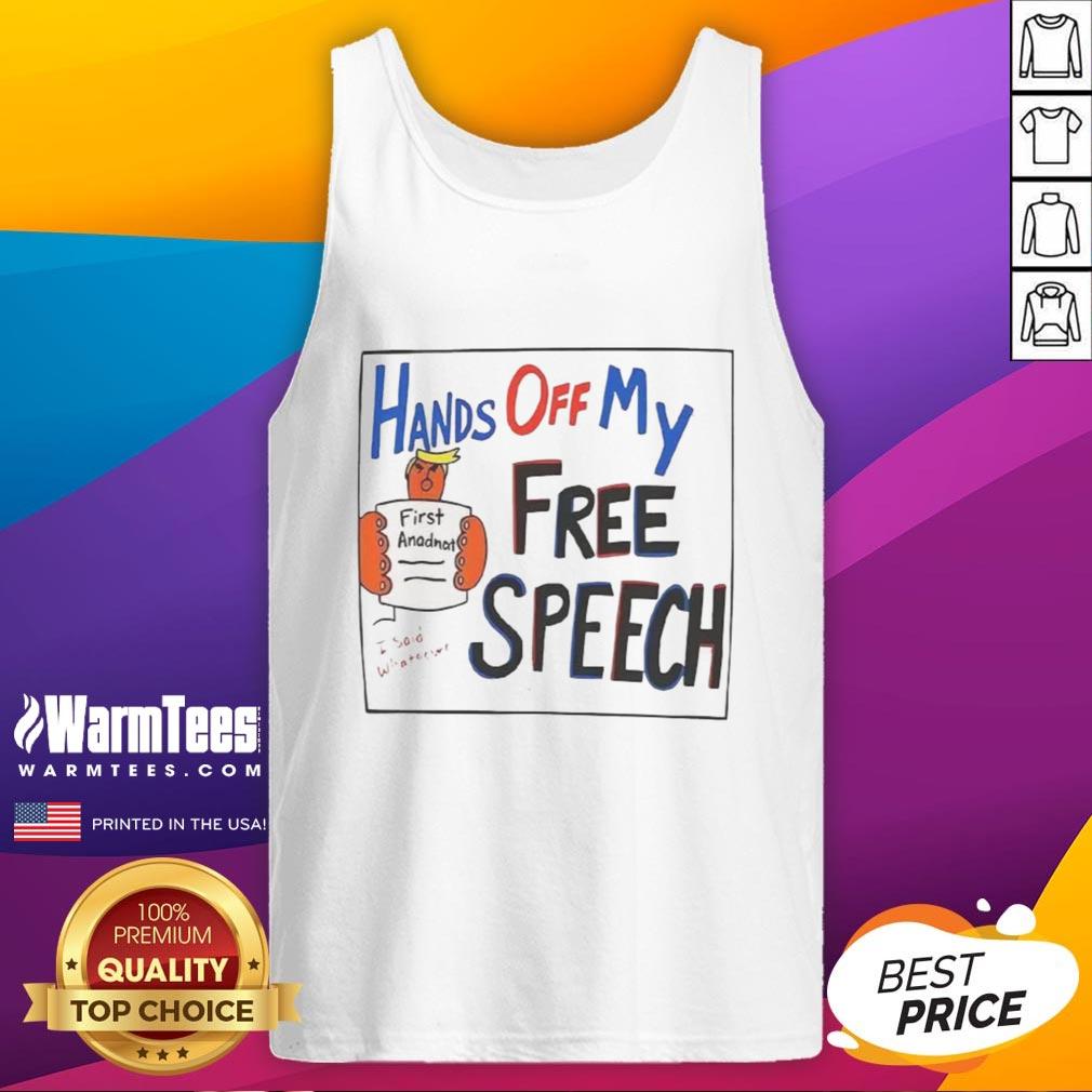 Trump cartoon tank top featuring 'Good Hands Off My Free Speech' slogan, perfect for political statement and free speech supporters.