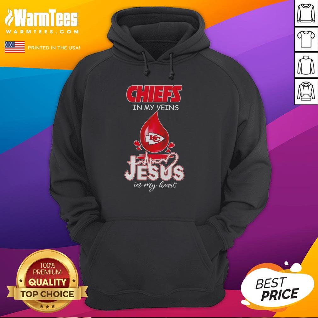 Good Kansas City Chiefs hoodie with 'In My Veins Jesus In My Heart' design, perfect for passionate football lovers.