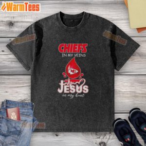 Good Kansas City Chiefs in my veins Jesus in my heart washed T-shirt for football lovers, featuring vibrant team colors.