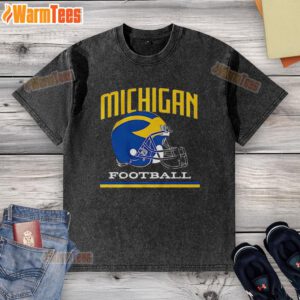 Vintage washed Michigan Wolverines football helmet t-shirt showcasing team spirit and retro style for fans.