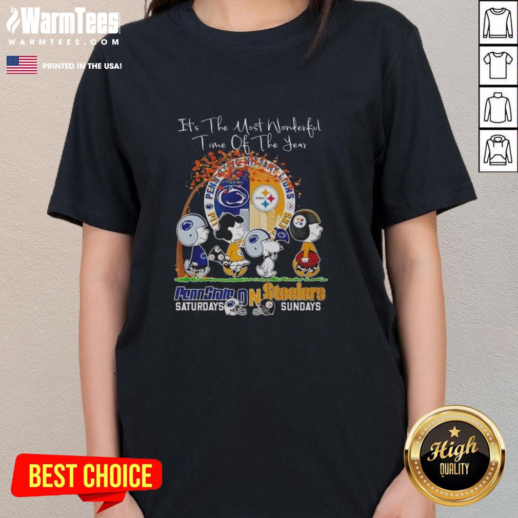 Good The Peanuts Penn State Saturdays Steelers Sundays women's tee celebrating fall sports and festive spirit.