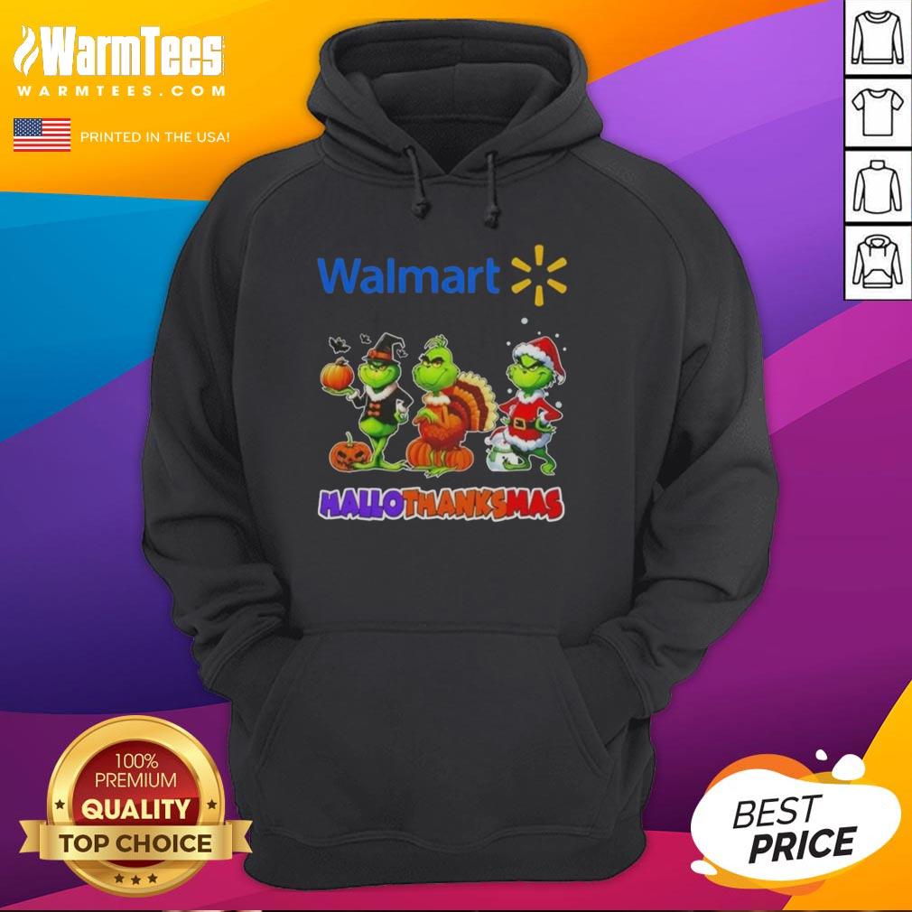 Alt Text: Good Walmart X Grinch Cosplay Happy HalloThanksMas hoodie featuring festive design and vibrant colors.