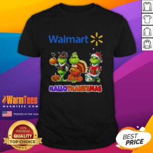 Alt Text: Good Walmart X Grinch Cosplay Happy Hallothanksmas T-Shirt featuring festive design and vibrant colors for holiday fun.