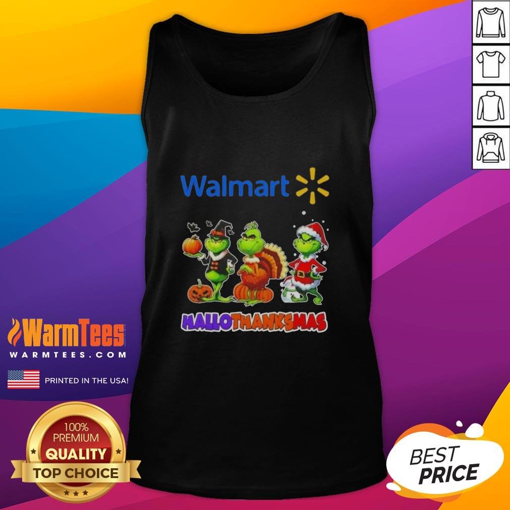 Happy HalloThanksMas tank top featuring Good Walmart x Grinch cosplay design, perfect for festive holiday celebrations.