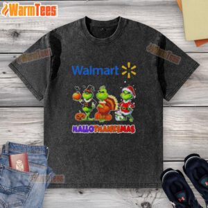 Happy HalloThanksMas washed t-shirt featuring Grinch and Walmart design for festive cosplay fun.