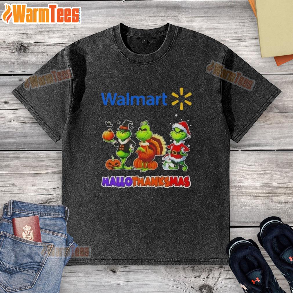 Happy HalloThanksMas washed t-shirt featuring Grinch and Walmart design for festive cosplay fun.