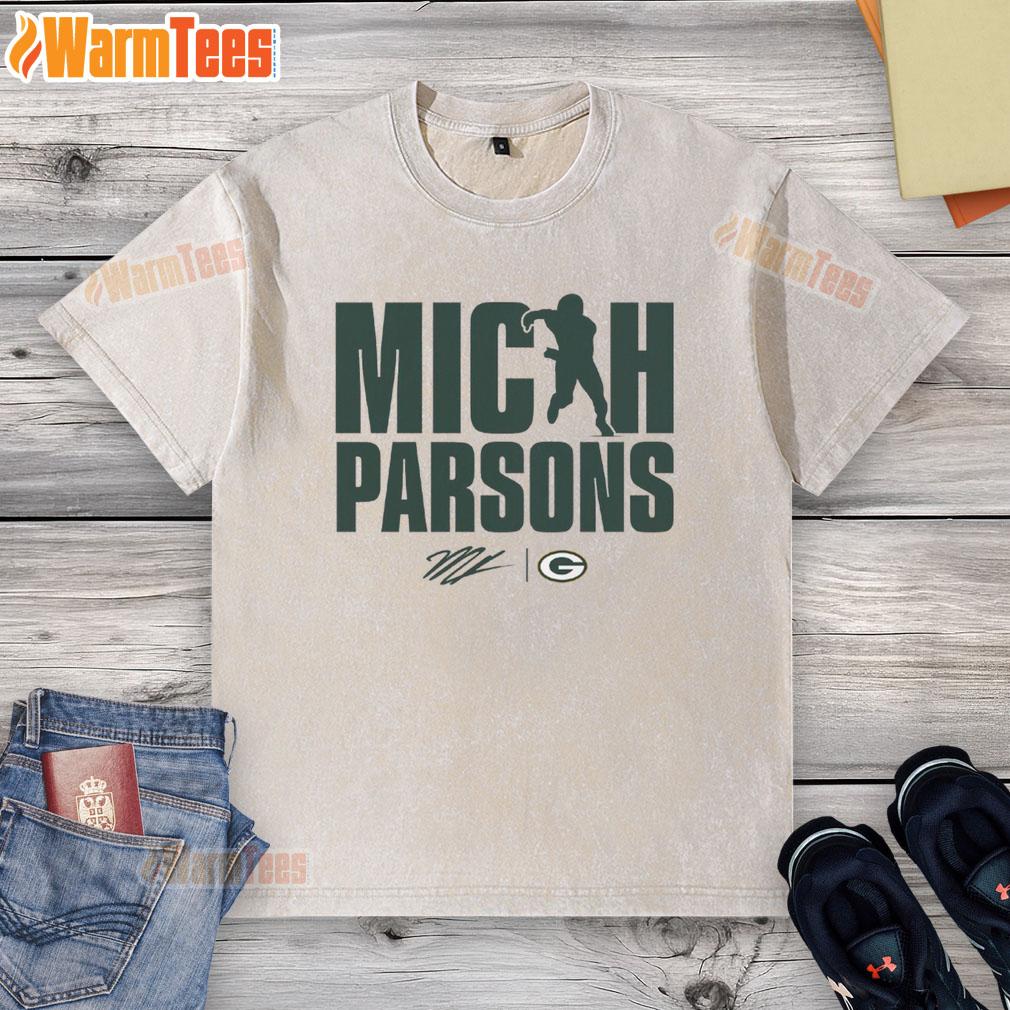 Micah Parsons Green Bay Packers figure on a washed t-shirt, showcasing a stylish sports design for fans.