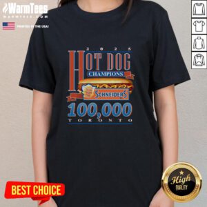 Alt Text: Toronto ladies tee featuring 'Hot Schneiders 2025 Hot Dog Champions Season Record' design, perfect for fans.