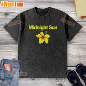 Alt Text: Zara Larsson wearing a stylish Midnight Sun washed t-shirt in a vibrant outdoor setting, showcasing summer fashion.