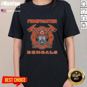 Alt Text: Ladies tee featuring Cincinnati Bengals Firefighter Fire Dept logo, perfect for fans and fire service supporters.