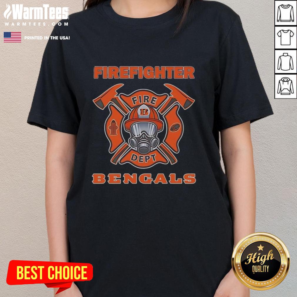 Alt Text: Ladies tee featuring Cincinnati Bengals Firefighter Fire Dept logo, perfect for fans and fire service supporters.