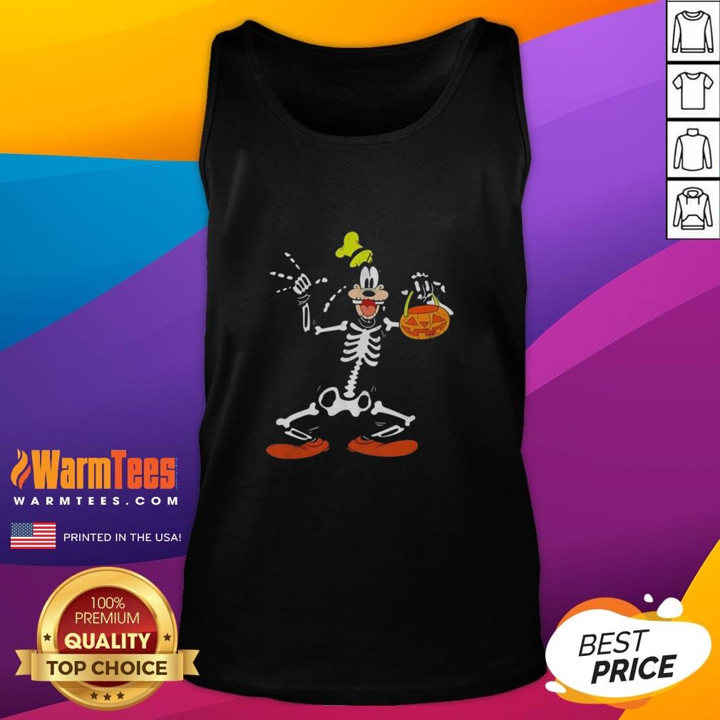Goofy in a skeleton costume for Halloween, wearing a fun 'Trick or Treat' tank top, celebrating the spooky season.