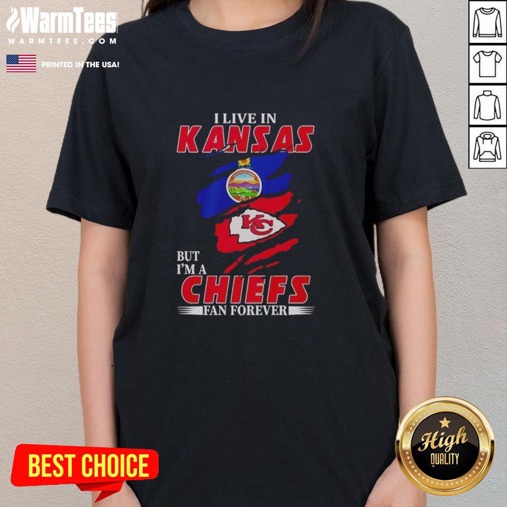 Women's 'Nice I Live in Kansas and I'm a Chiefs Fan Forever Inside Me' tee showcasing team spirit and Kansas pride.