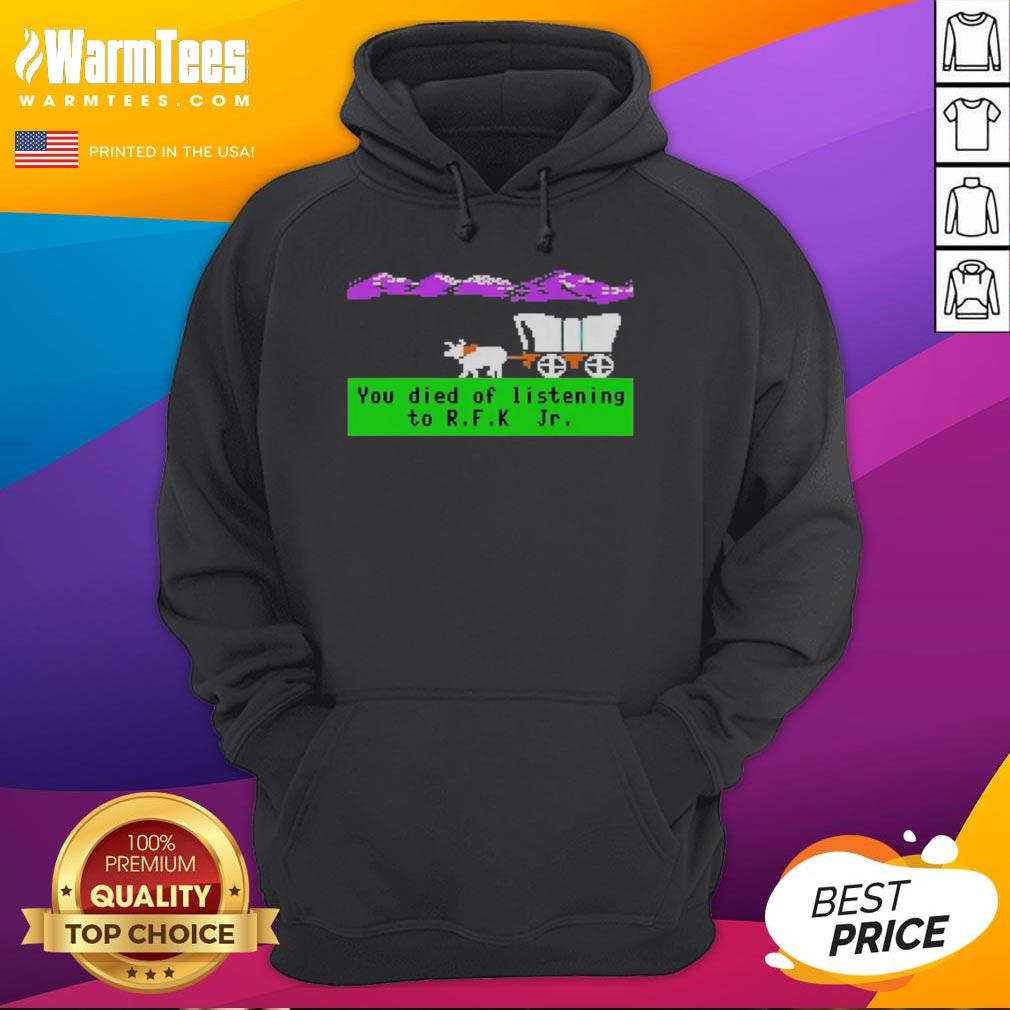 Pixel hoodie featuring 'You Died of Listening to RFK Jr.' design, inspired by the Nice Oregon Trail theme.