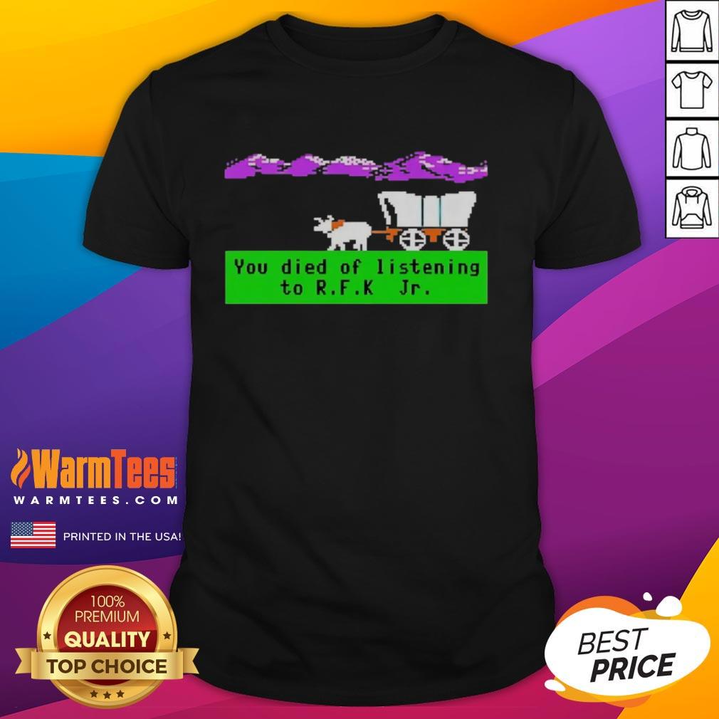 Alt Text: Nice Oregon Trail You Died Of Listening To RFK Jr pixel t-shirt design featuring retro graphics and vibrant colors.
