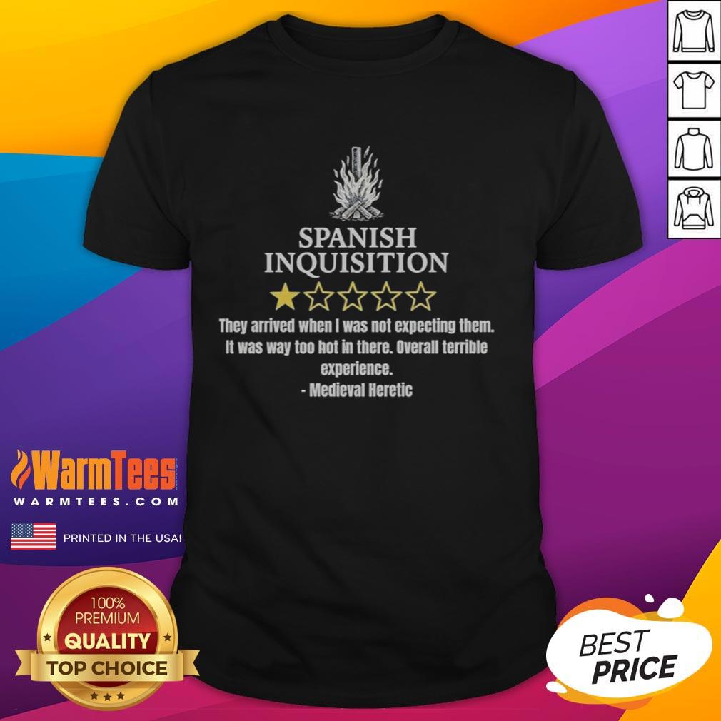 Funny 'Nice Spanish Inquisition Bad Review' T-Shirt design featuring humorous graphics and text for casual wear.