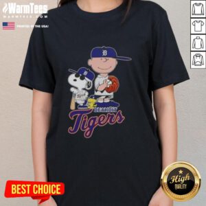 Official 2025 Peanuts Snoopy x Charlie Brown Detroit Tigers ladies tee featuring a playful graphic design.