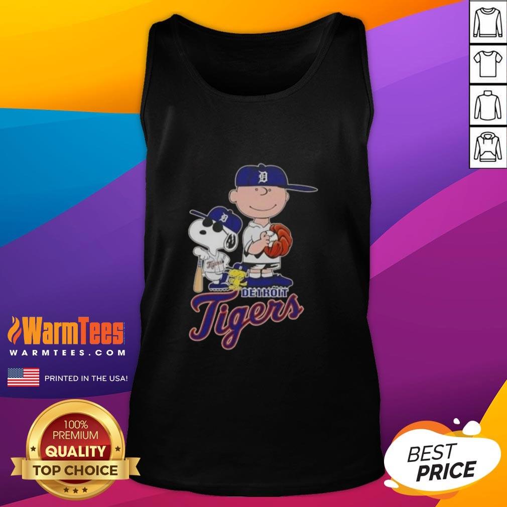 Official 2025 Peanuts Snoopy x Charlie Brown Detroit Tigers tank top featuring vibrant graphics of Snoopy and Charlie Brown.