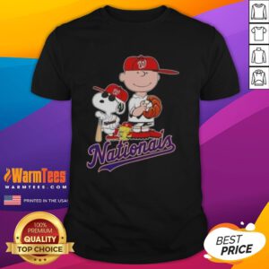 Official 2025 Peanuts Snoopy X Charlie Brown Washington Nationals baseball t-shirt featuring colorful graphics and a sporty design.