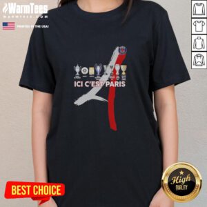 Alt Text: Official Paris Saint-Germain Football ICI C'est Paris trophy ladies tee showcasing team pride and stylish design.