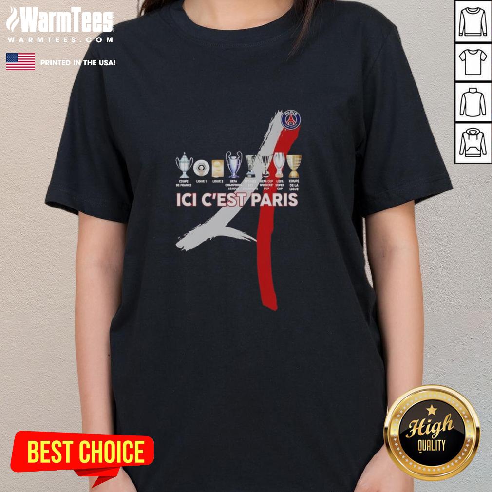 Alt Text: Official Paris Saint-Germain Football ICI C'est Paris trophy ladies tee showcasing team pride and stylish design.