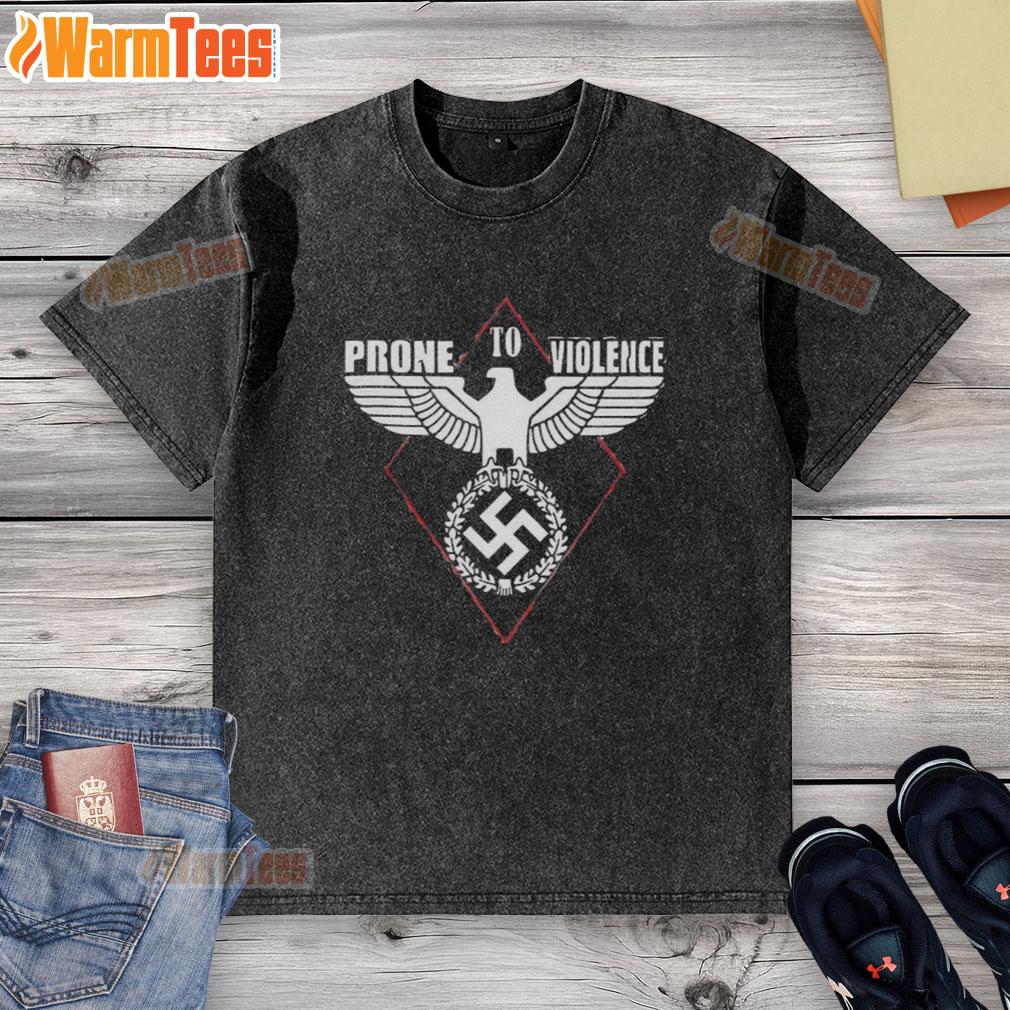 Official Prone to Violence Nazi washed t-shirt featuring bold graphic design and vintage style, perfect for edgy fashion.