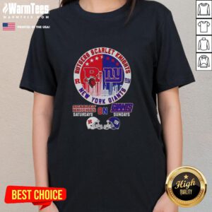 Alt Text: Official Rutgers Scarlet Knights and New York Giants helmet graphic on a city skyline ladies tee shirt.