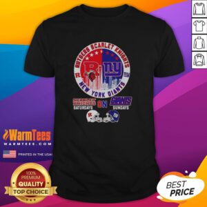 Official Rutgers Scarlet Knights and New York Giants helmet graphic on city skyline t-shirt for fans and supporters.