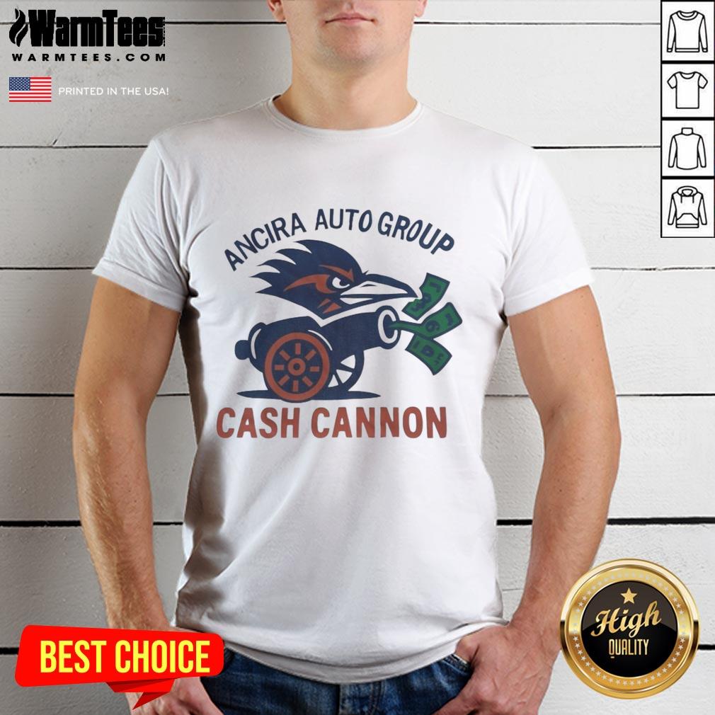 Alt Text: Official UTSA Roadrunners Ancira Auto Group Cash Cannon T-Shirt featuring vibrant team colors and logo.