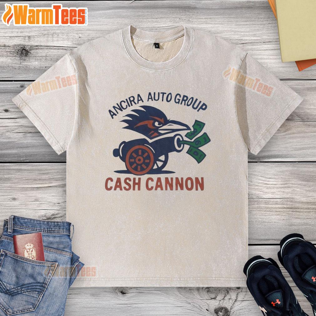 Official UTSA Roadrunners Ancira Auto Group cash cannon washed t-shirt in vibrant colors for sports fans.