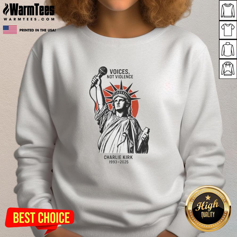 Alt Text: Charlie Kirk 1993-2025 sweatshirt featuring Statue of Liberty, promoting 'Official Voices Not Violence' message.