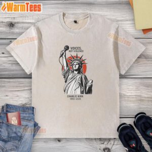 Official Voices Not Violence Charlie Kirk 1993-2025 Statue of Liberty washed t-shirt showcasing a bold design.