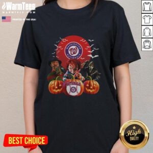 Official Washington Nationals MLB Horror Movie Halloween Ladies Tee featuring spooky design perfect for fans.