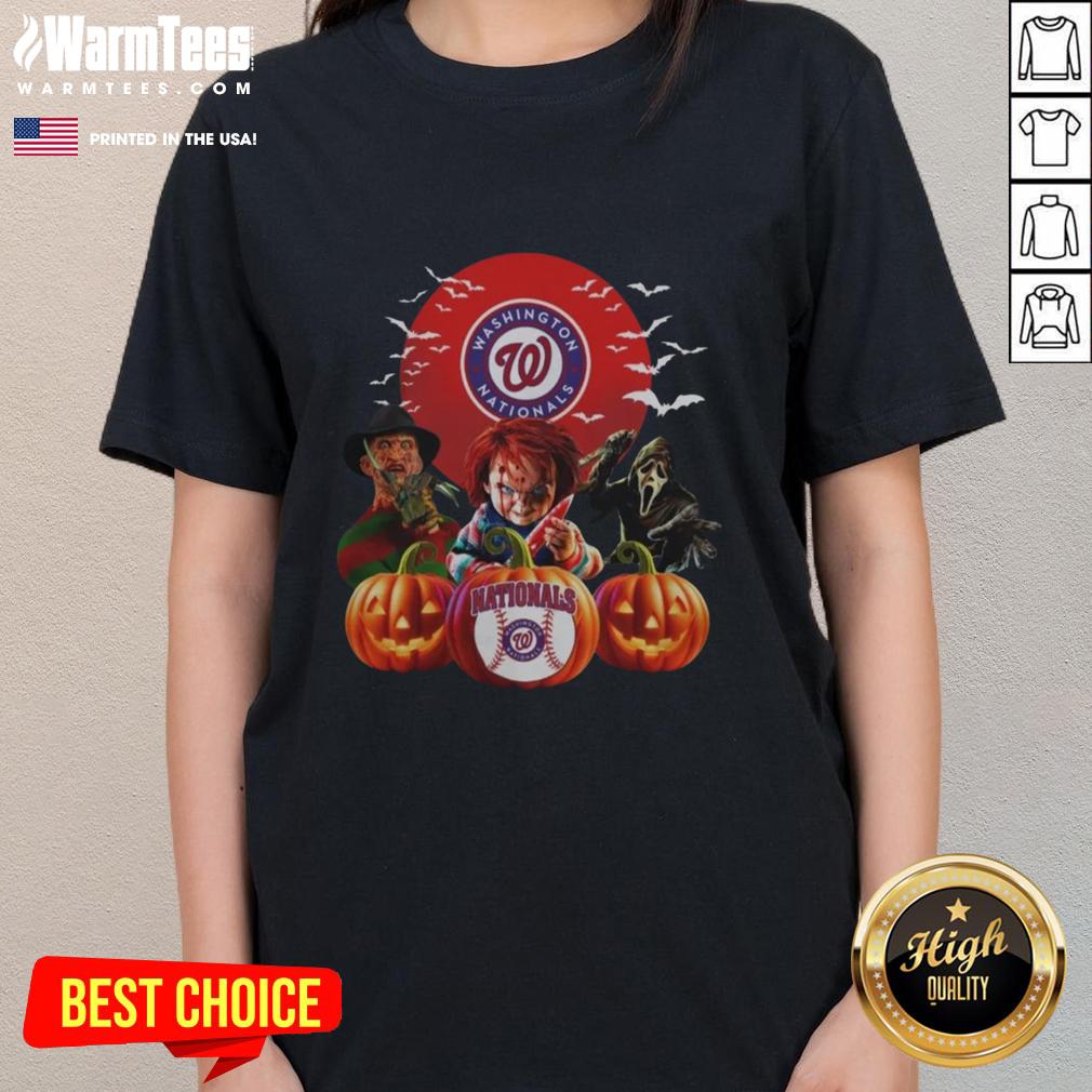 Official Washington Nationals MLB Horror Movie Halloween Ladies Tee featuring spooky design perfect for fans.