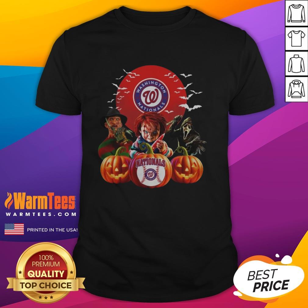 Official Washington Nationals MLB Horror Movie Halloween T-Shirt featuring spooky graphics and team logo for fans.