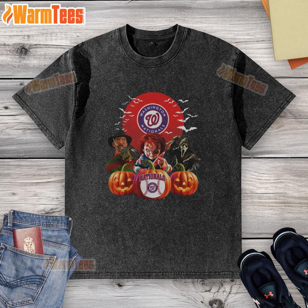 Official Washington Nationals MLB Halloween washed t-shirt featuring spooky graphics for fans celebrating Halloween.