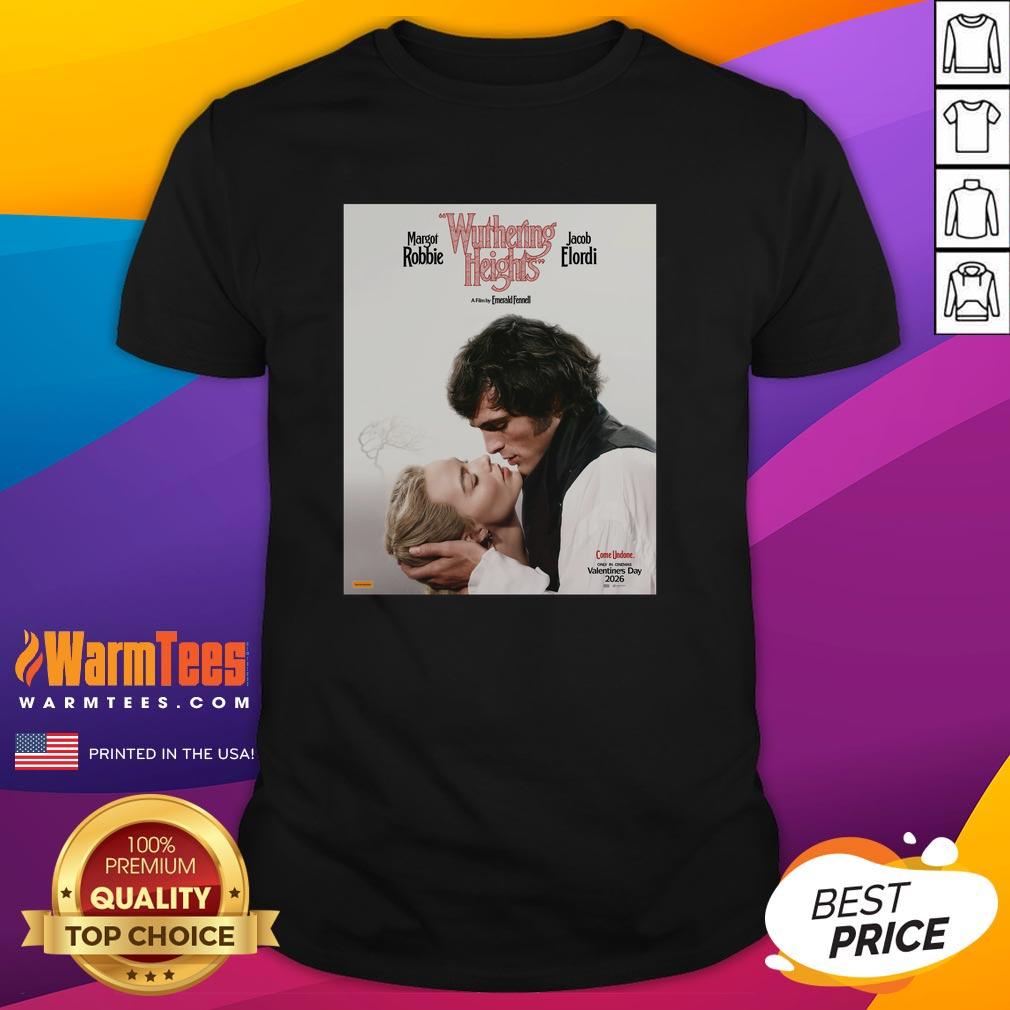 Alt Text: Official Wuthering Heights movie graphic T-shirt featuring Margot Robbie and Jacob Elordi in stylish design.