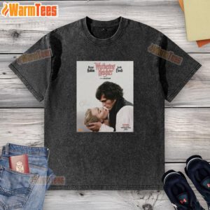 Alt Text: Margot Robbie and Jacob Elordi wearing the Official Wuthering Heights Movie graphic washed t-shirt in a promotional image.