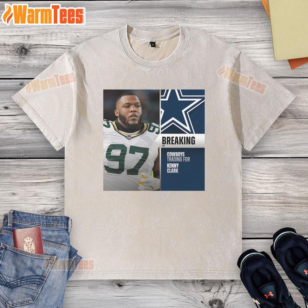 Original Dallas Cowboys trading for Kenny Clark washed t-shirt featuring team logo and vintage design in blue and white.