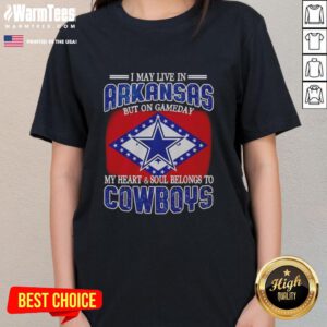 Original ladies tee for Dallas Cowboys fans: 'I May Live In Arkansas But My Heart Belongs To Dallas Cowboys' design.