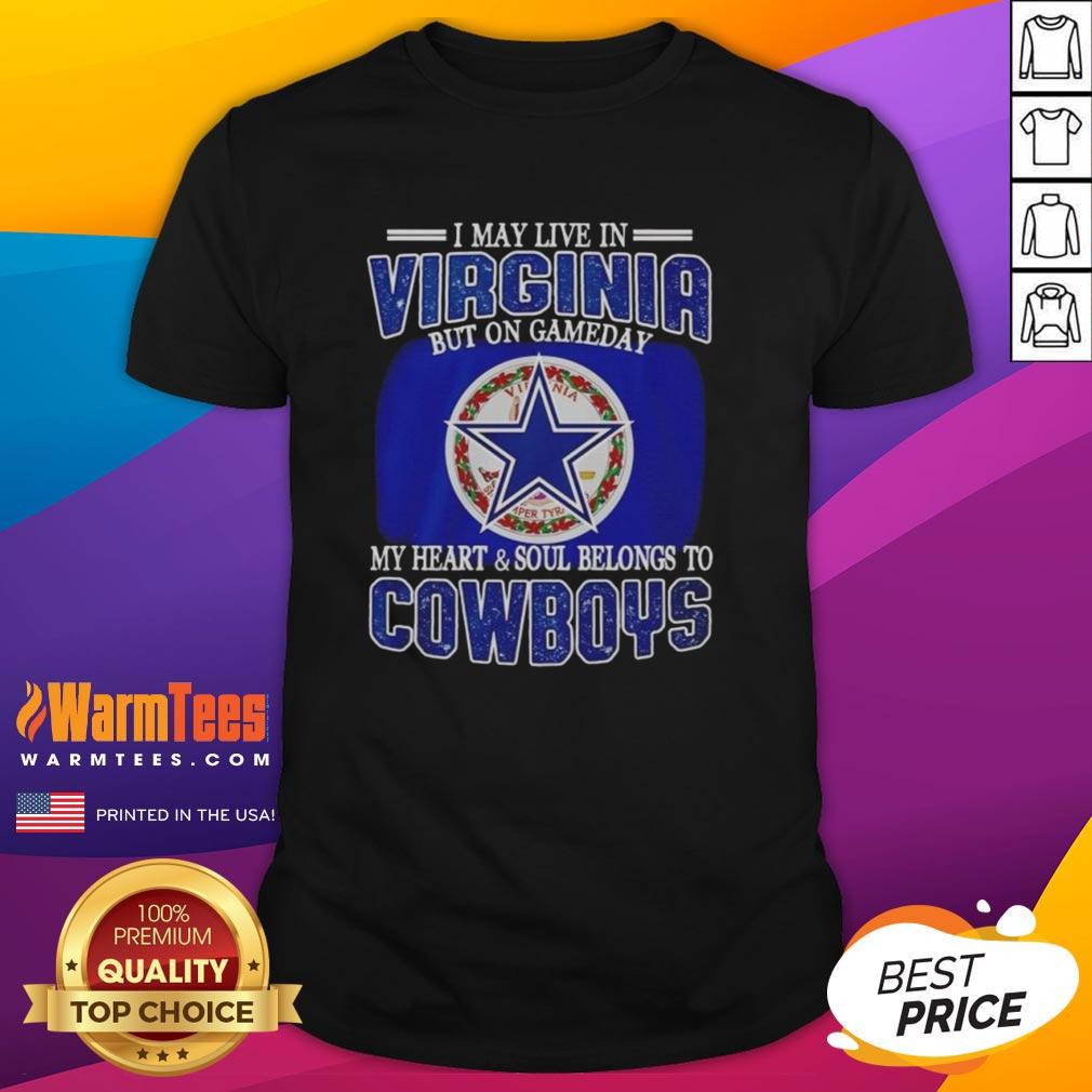 Alt Text: I May Live In Virginia But On Gameday My Heart Belongs To Dallas Cowboys Fans T-Shirt in blue and white design.
