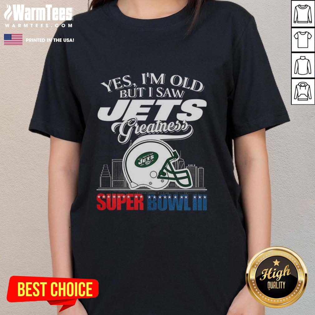 New York Jets Super Bowl III helmet with skyline design on a ladies tee, celebrating vintage football greatness.