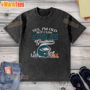 Alt Text: Philadelphia Eagles Super Bowl helmet skyline graphic on a washed t-shirt, perfect for proud fans and vintage style.