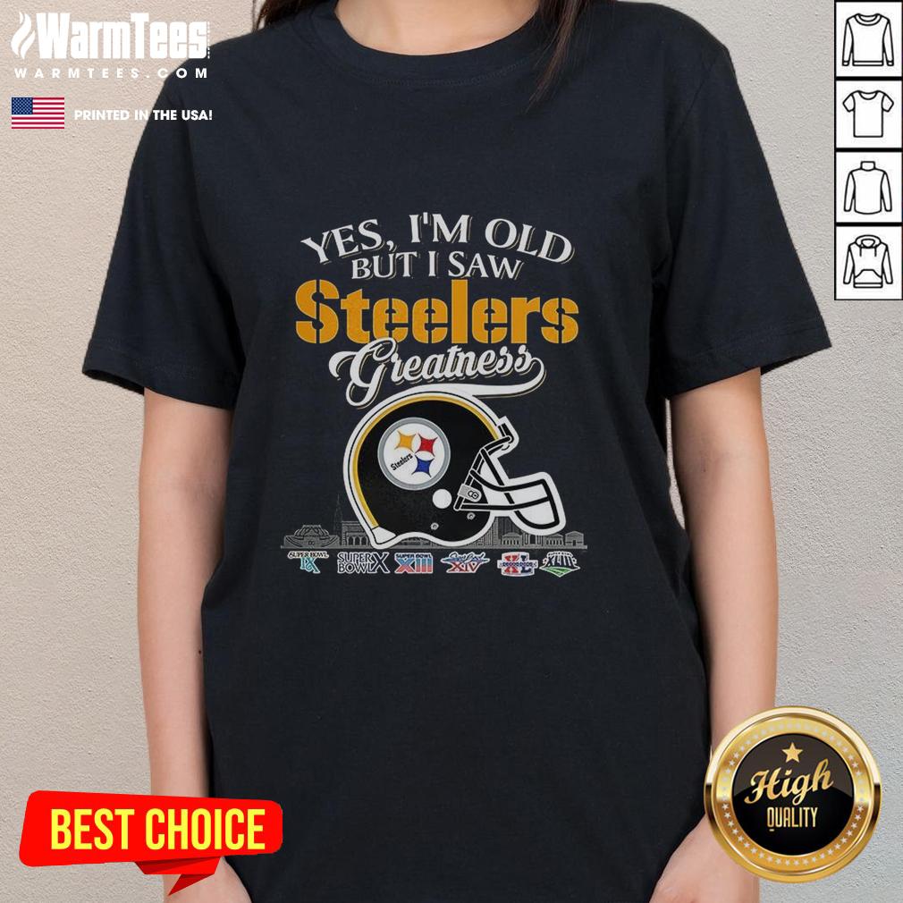 Alt Text: Ladies tee featuring Pittsburgh Steelers Super Bowl helmet and skyline, celebrating greatness and vintage style.